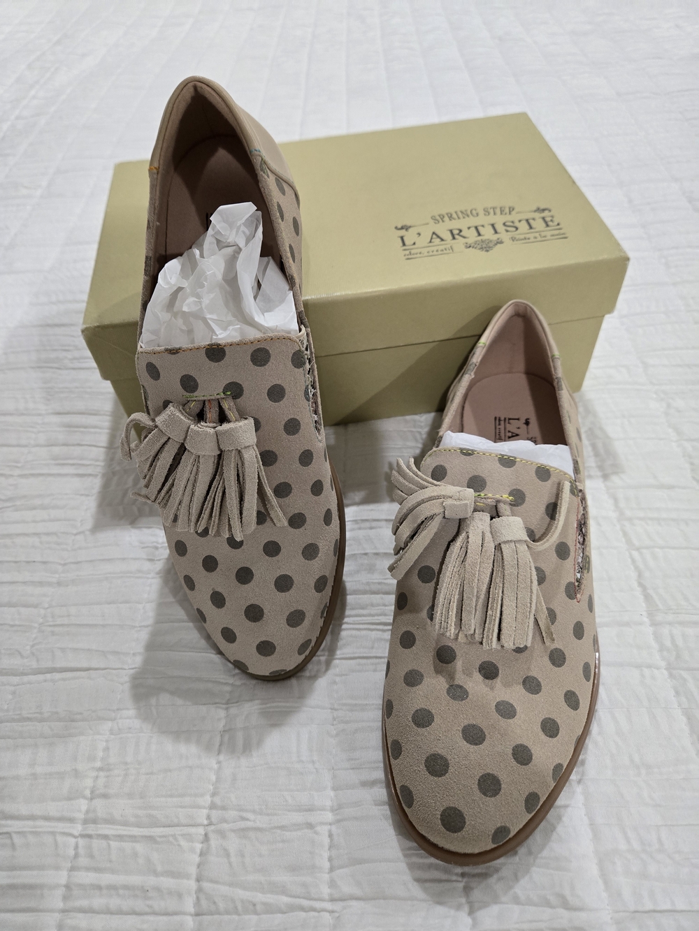 Spring Step Beige and Taupe Polka Dot Tassel Loafers